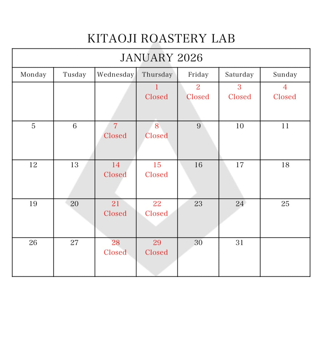 2026　１月カレンダー